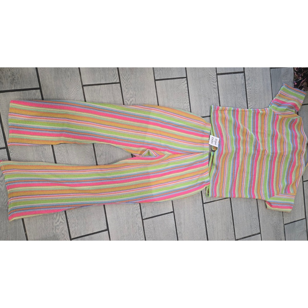 Davi & Dani Multi Color Striped Knit 2 Piece Set Button Down Flare Pants L - Picture 8 of 9